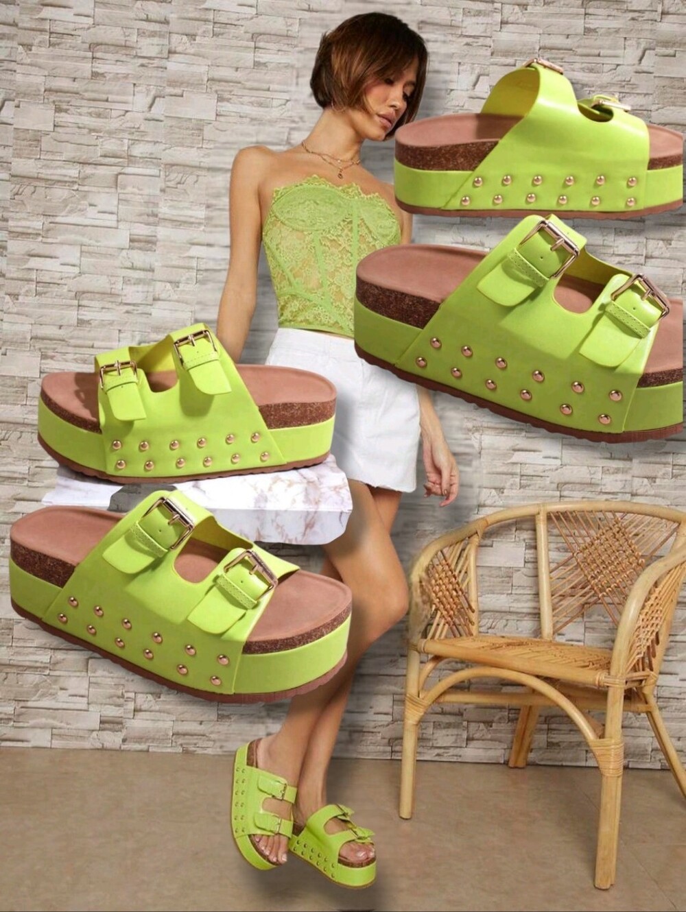 NEW 💚 SHUZIA Women's Lime Green PU Leather Studded Wedge Platform Sandals